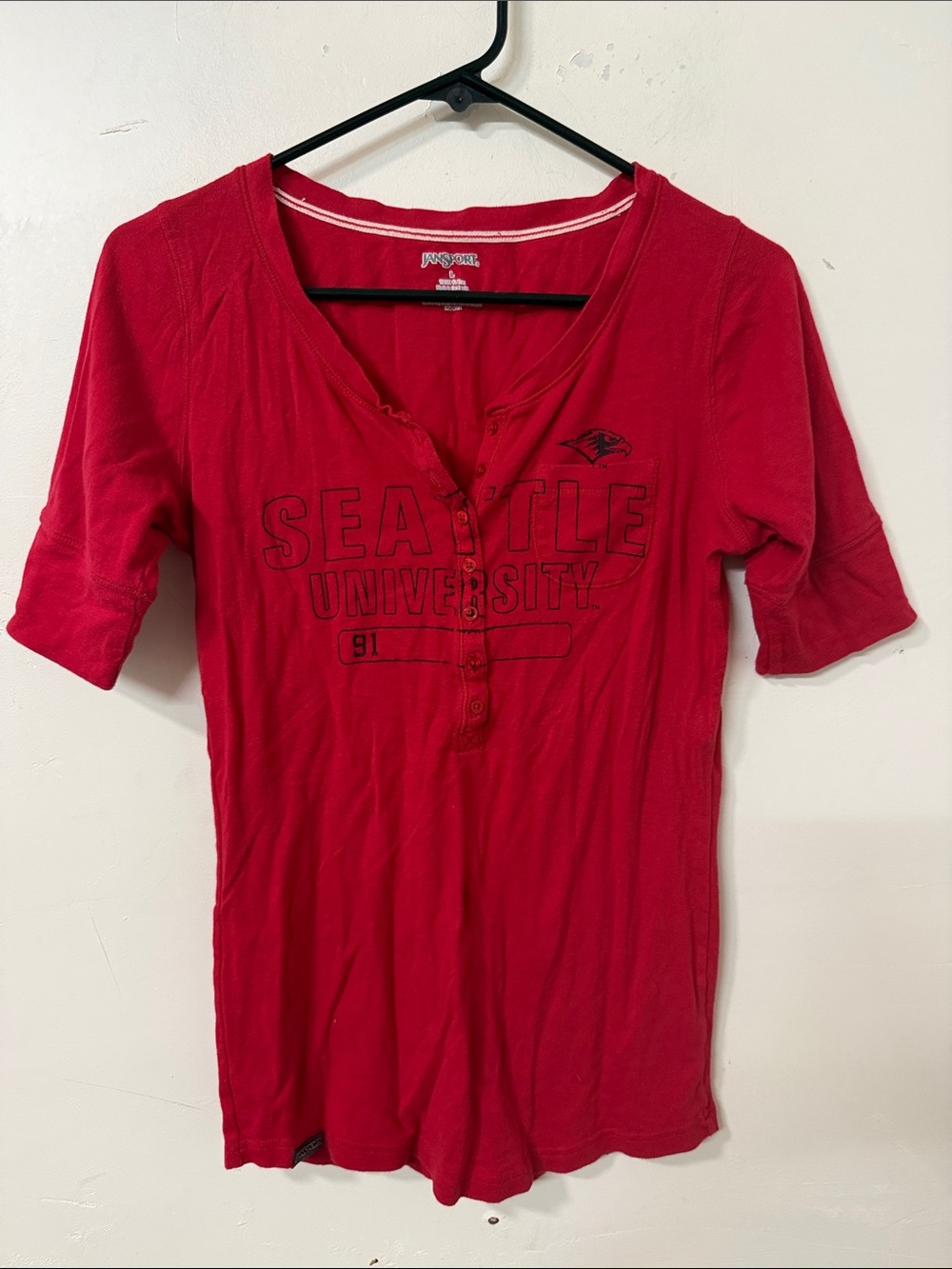 Jansport Red Seattle University Short Sleeve Henley Tee y2k